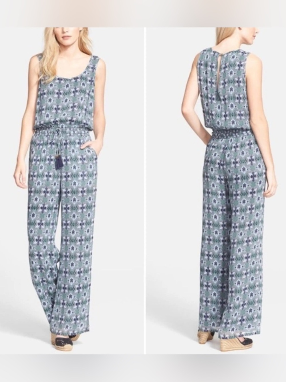Tory Burch Laguna Silk Blouson Jumpsuit Bedford Gray Bukhara Ikat Print Size XS